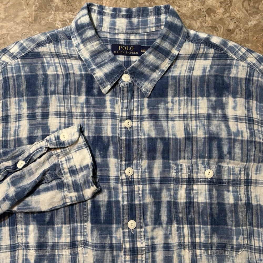 Polo Ralph Lauren Shirt Mens 2XL Blue 100% Linen Long Sleeve Cat Eye Buttons
